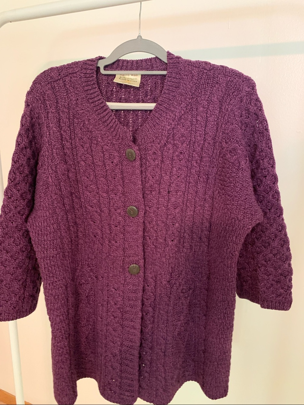 Plum Cable-Knit Wool Button Front Women's Sweater